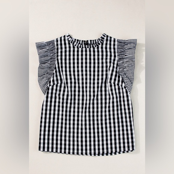 Ruffled Plaid Mock Neck Cap Sleeve Blouse - Picture 7 of 11